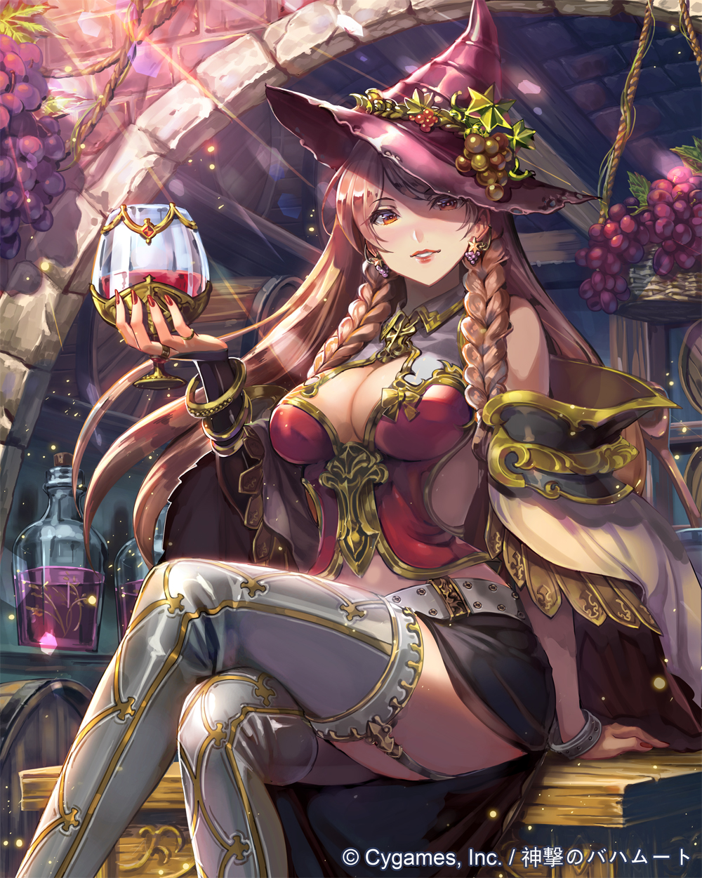 1girl, alcohol, armor, bare_shoulders, barrel, belt, black_skirt, boots