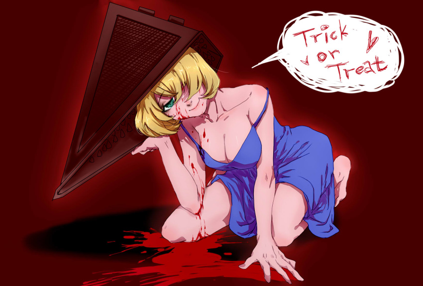 1girl, bangs, bare_arms, bare_legs, barefoot, blonde_hair, blood, blood_on_face