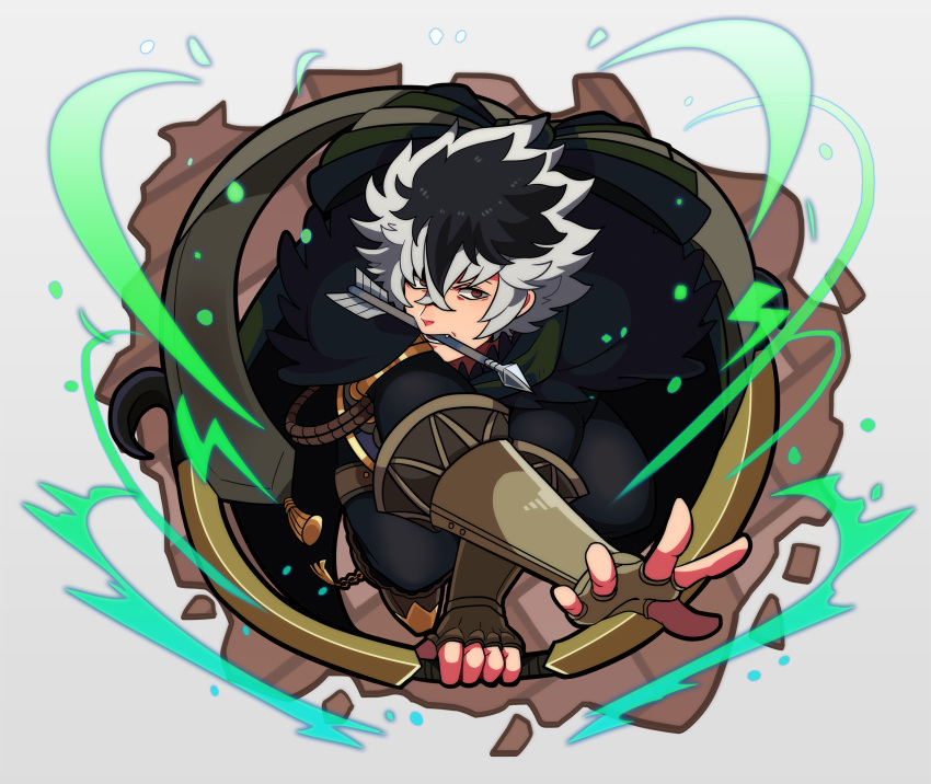 1boy, arrow_in_mouth, asura_(fire_emblem_if), black_hair, bow_(weapon), brown_eyes, cape, fire_emblem