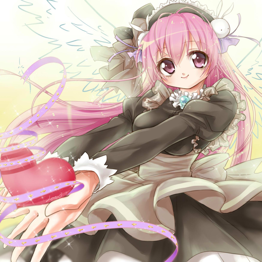 1girl, black_dress, bunny_hair_ornament, dress, frills, hair_ornament, heart, highres