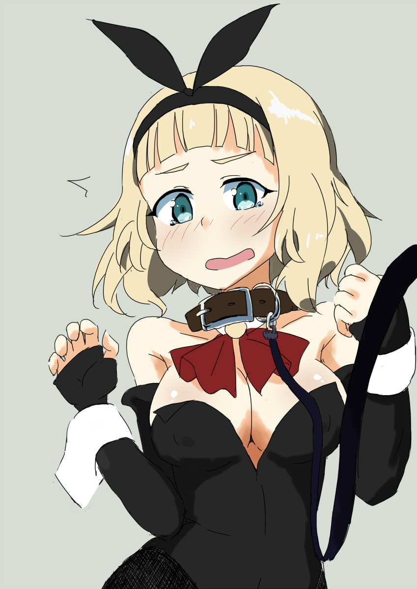 1girl, bangs, bare_shoulders, blonde_hair, blunt_bangs, blush, breasts, bunnysuit