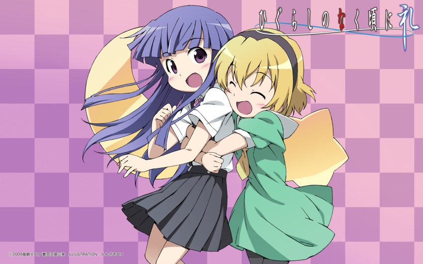 07th_expansion, 2girls, bangs, blonde_hair, blue_hair, blunt_bangs, blush, bow