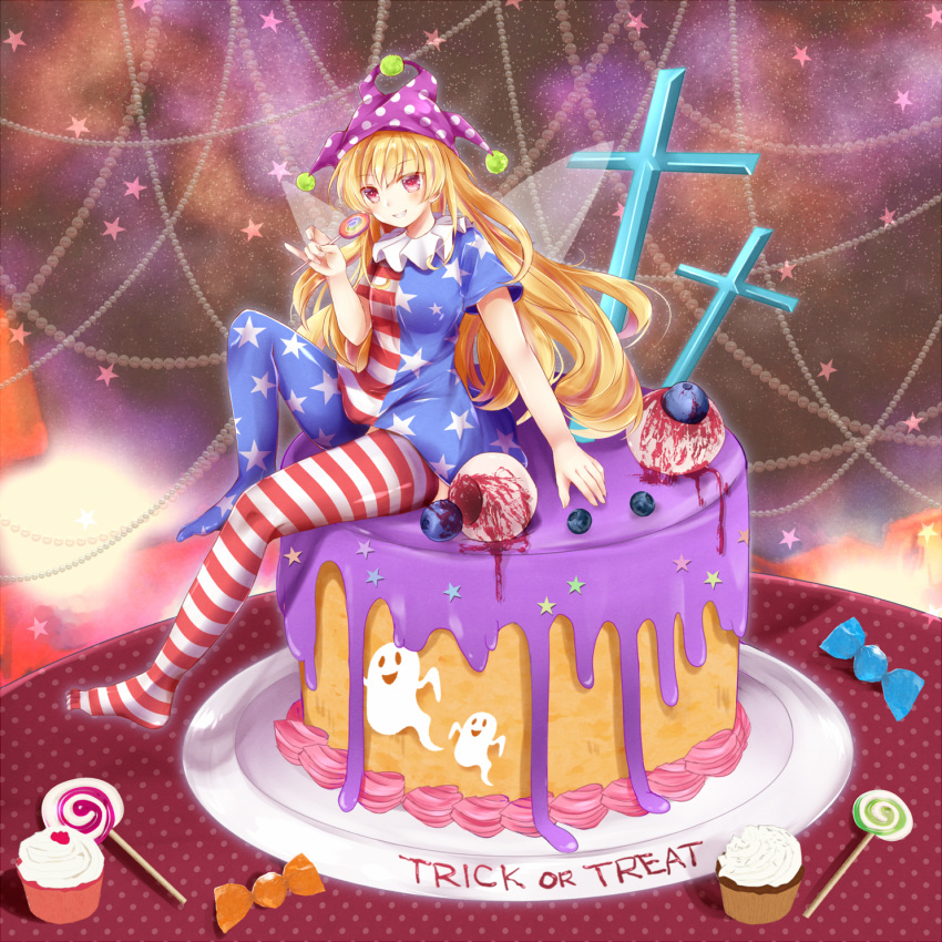 1girl, alternate_legwear, american_flag_legwear, american_flag_shirt, bangs, blonde_hair, blueberry, blush