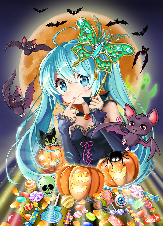 1girl, bat, blue_eyes, blue_hair, butterfly_mask, candy, candy_corn, cape, cat, detached_sleeves, eyeball, finger_to_mouth, full_moon, ghost, halloween, hatsune_miku, jack-o'-lantern, lollipop, long_hair, moon, randy_williams, skull, smile, solo, spider, swirl_lollipop, twintails, vocaloid