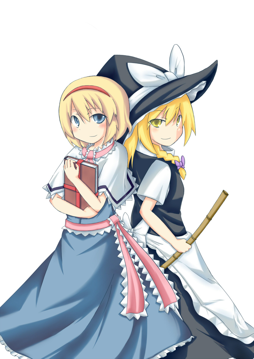 2girls, alice_margatroid, apron, ascot, back-to-back, blonde_hair, blue_eyes, blush