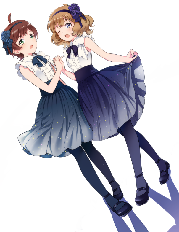 2girls, brown_hair, contact966, flower, green_eyes, hair_flower, hair_ornament, idolmaster, idolmaster_million_live!, kinoshita_hinata, long_hair, multiple_girls, open_mouth, pantyhose, short_hair, skirt, sleeveless, suou_momoko, violet_eyes