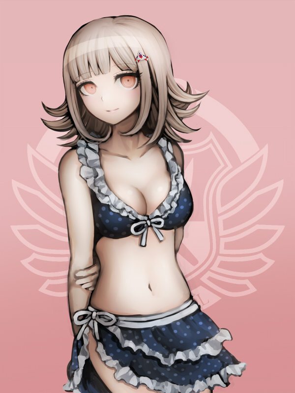 1girl, bangs, bikini, bikini_skirt, blue_bikini, blunt_bangs, blush, breasts, cleavage, dangan_ronpa, hair_ornament, hairclip, light_smile, looking_at_viewer, midriff, nanami_chiaki, navel, official_style, pink_eyes, pink_hair, sasa_(sabamisoni33), short_hair, smile, solo, striped, striped_bikini, striped_swimsuit, super_dangan_ronpa_2, swimsuit