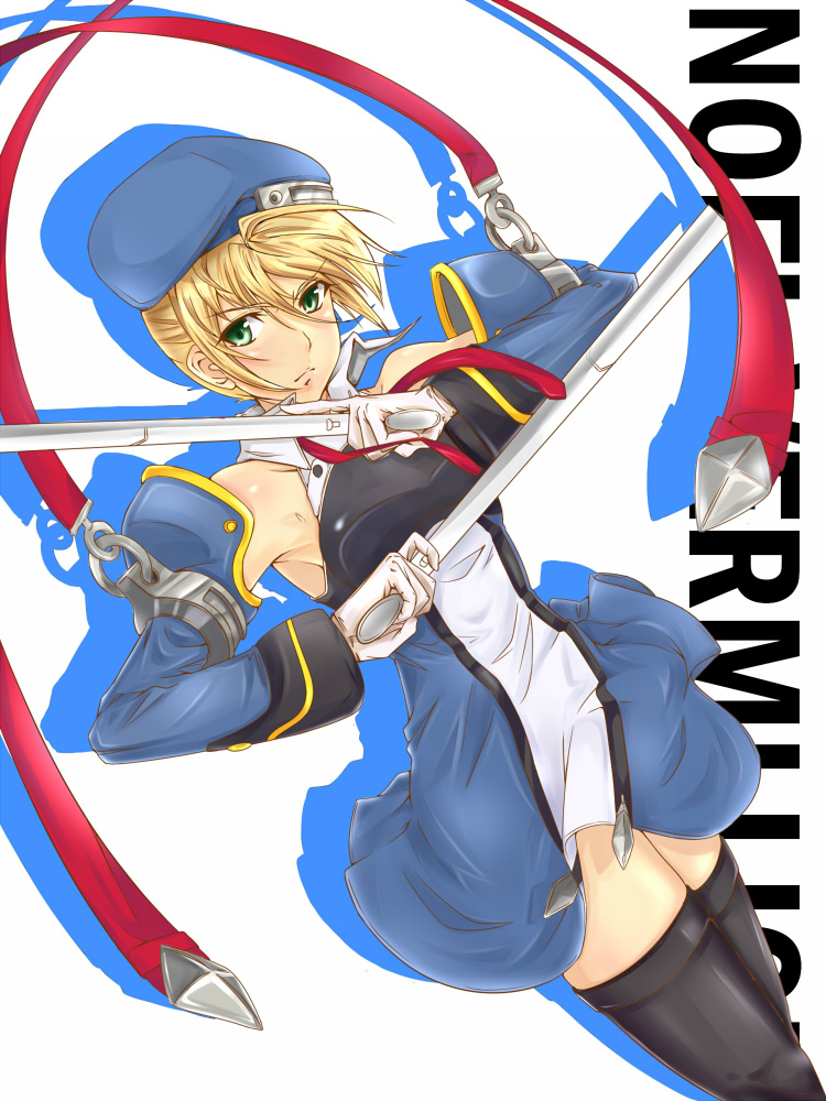 akimbo, blazblue, blonde_hair, character_name, detached_sleeves, dual_wielding, gloves, green_eyes