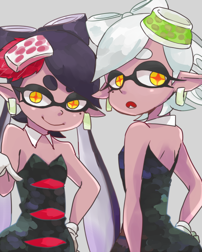 2girls, bare_shoulders, black_dress, black_hair, bow, callie_(splatoon), dress, earrings, gloves, hair_bow, hand_on_hip, jewelry, kuuya_(akagane001), long_hair, looking_at_viewer, looking_back, marie_(splatoon), mask, mole, mole_under_eye, multiple_girls, object_on_head, open-back_dress, open_mouth, pointy_ears, short_hair, splatoon, splatoon_(series), tentacle_hair, white_gloves, white_hair