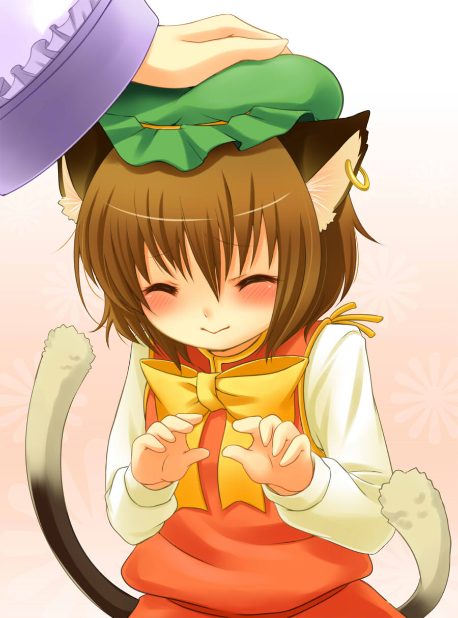 blush, brown_hair, cat_ears, cat_tail, chen, child, closed_eyes, earrings