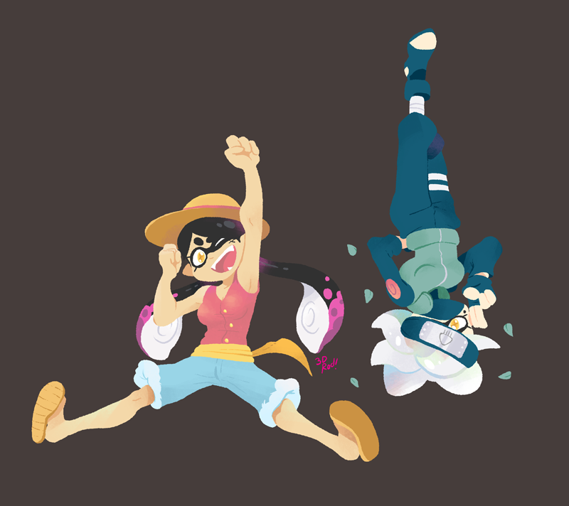3d_rod!, black_hair, callie_(splatoon), hat, hatake_kakashi_(cosplay), headband, marie_(splatoon), monkey_d_luffy_(cosplay)