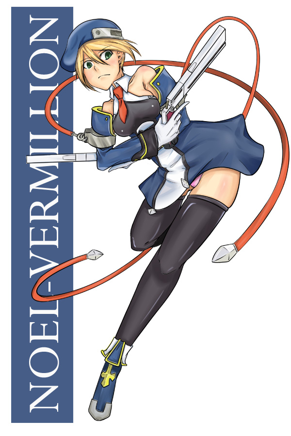 akimbo, beret, blazblue, blonde_hair, character_name, detached_sleeves, dual_wielding, gloves