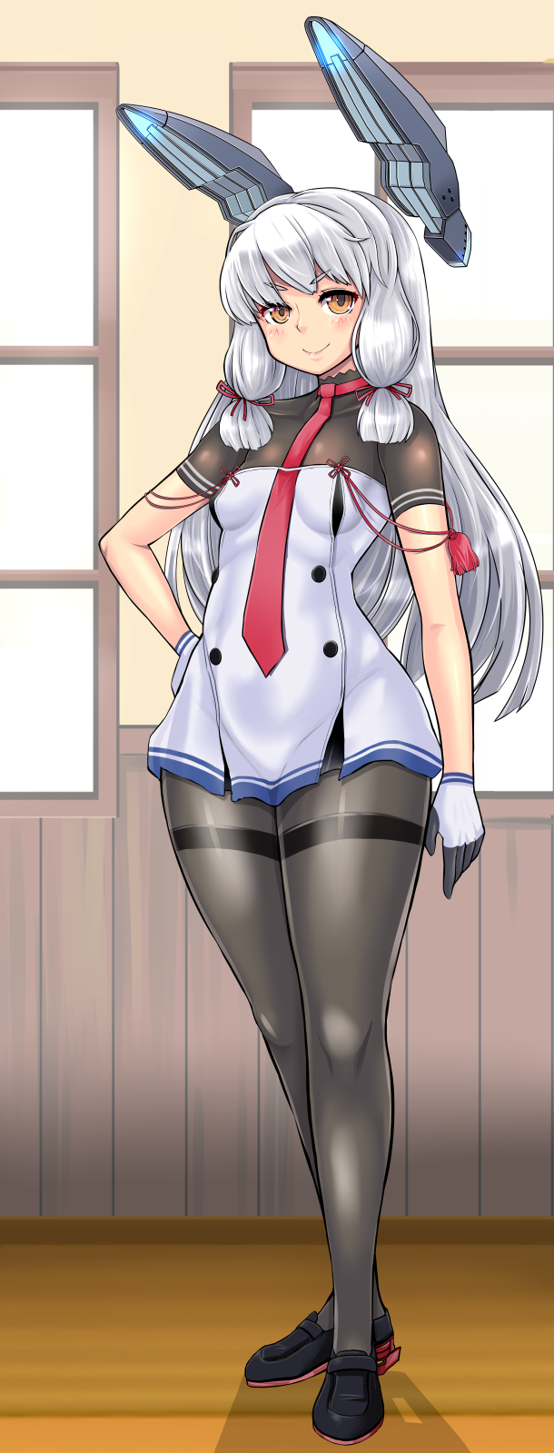 1girl, bangs, black_legwear, blunt_bangs, gloves, hair_ribbon, headgear, highres