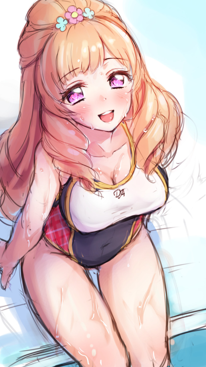 1girl, aikatsu!, competition_swimsuit, drill_hair, highres, himesato_maria, long_hair, one-piece_swimsuit, open_mouth, orange_hair, sitting, swimsuit, violet_eyes, wantacchi