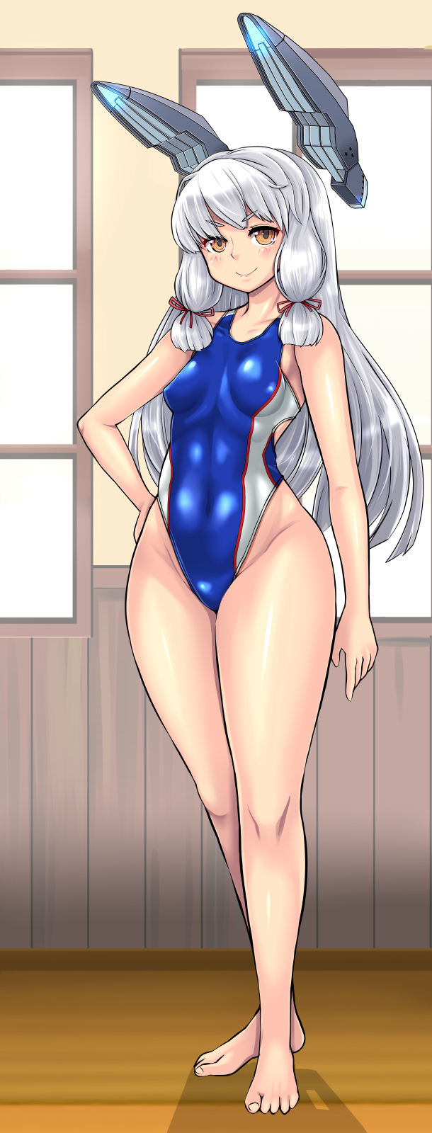 1girl, bangs, blunt_bangs, competition_swimsuit, hair_ribbon, headgear, highres, kantai_collection