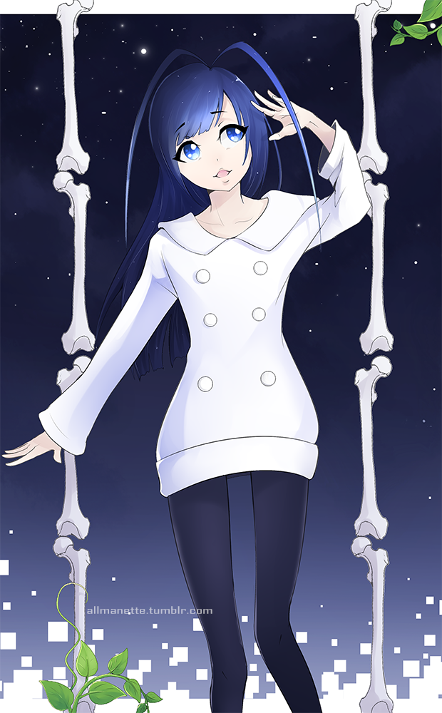 1girl, androgynous, antenna_hair, black_hair, bleach, bleach:_the_thousand-year_blood_war, blue_eyes, bone, long_hair, quincy, signature, solo, sternritter, wandenreich