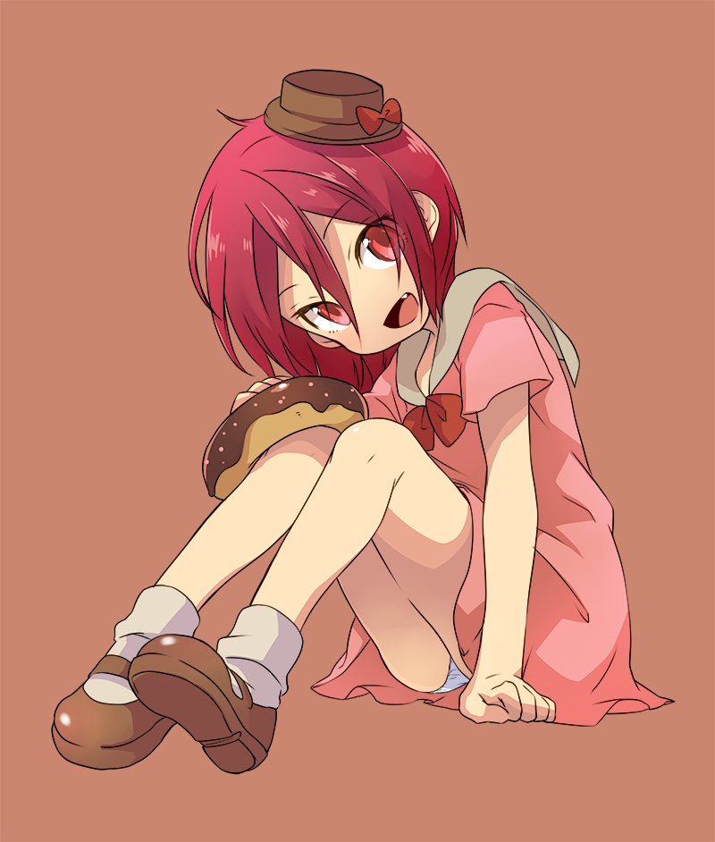 1boy, child, crossdressinging, doughnut, dress, fang, food, free!, hat, male_focus, mary_janes, matsuoka_rin, memeo_(candy_house), mini_top_hat, open_mouth, otoko_no_ko, panties, red_eyes, redhead, shoes, short_hair, smile, socks, top_hat, underwear, white_legwear, younger
