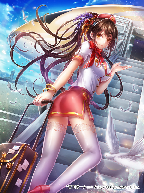 1girl, airplane, animal, bird, blue_sky, bowtie, bracelet, brown_eyes