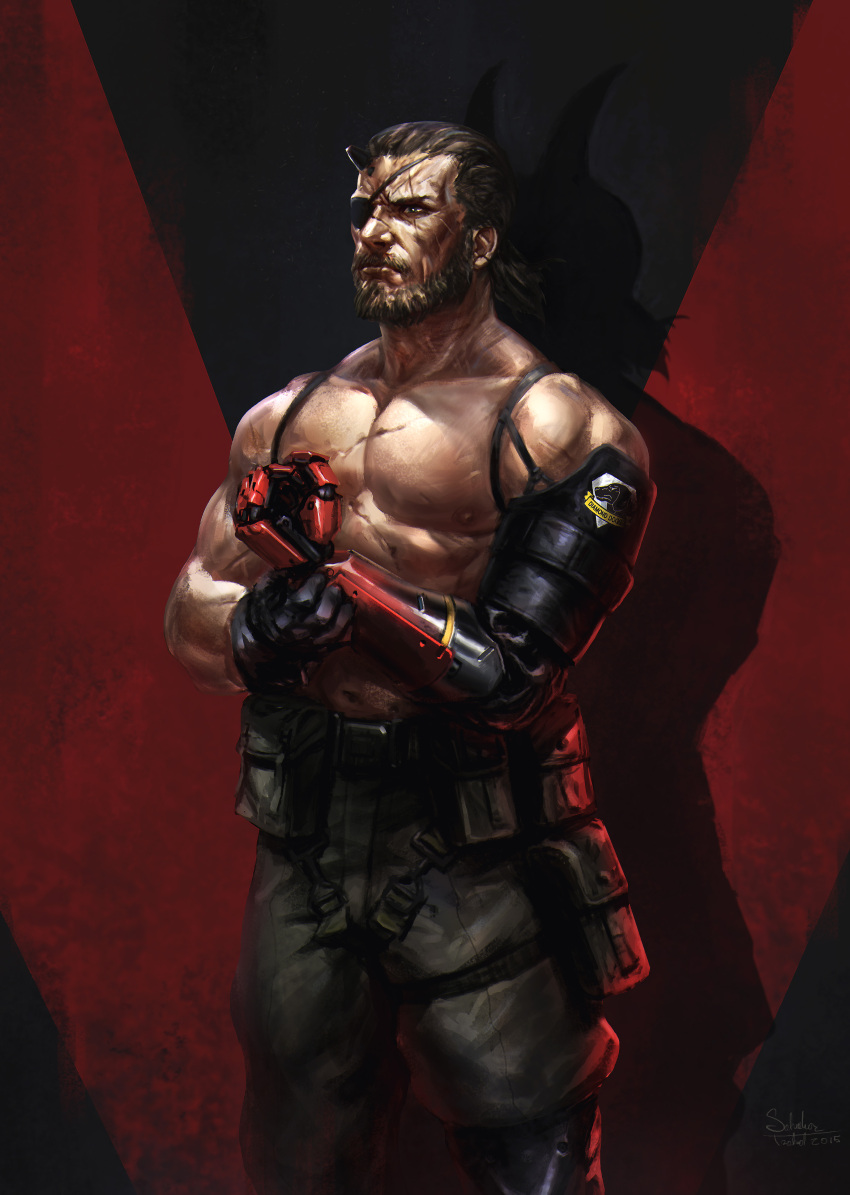 absurdres, beard, diamond_dogs, eyepatch, facial_hair, highres, horn, horns, mechanical_arm, metal_gear_(series), metal_gear_solid_v, pants, salvador_trakal, scar, shadow, venom_snake