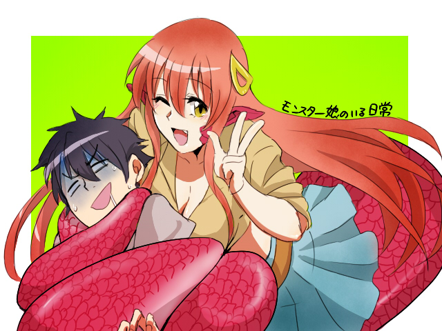 1boy, 1girl, :d, black_hair, breasts, cleavage, fang, hair_ornament
