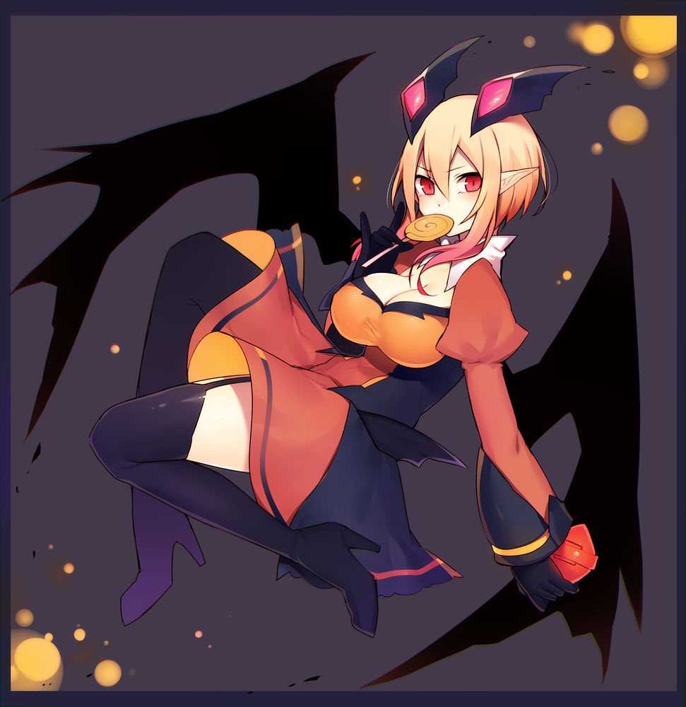 1girl, alternate_costume, black_legwear, blonde_hair, boots, breasts, candy, cleavage, dark_falz_apprentice, gloves, gradient_hair, hair_ornament, halloween, high_heels, large_breasts, lollipop, looking_at_viewer, multicolored_hair, muryou, phantasy_star, phantasy_star_online_2, pink_hair, pointy_ears, red_eyes, short_hair, solo, thigh-highs, wings