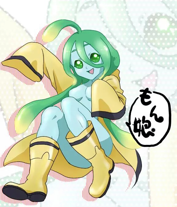 1girl, ahoge, blue_skin, boots, convenient_leg, full_body, goo_girl, green_eyes, green_hair, huge_ahoge, long_hair, monster_girl, monster_musume_no_iru_nichijou, raincoat, rubber_boots, small_breasts, solo, suu_(monster_musume), tentacle_hair, tina_(metamin_107), translation_request, yellow_boots, yellow_clothes, zoom_layer