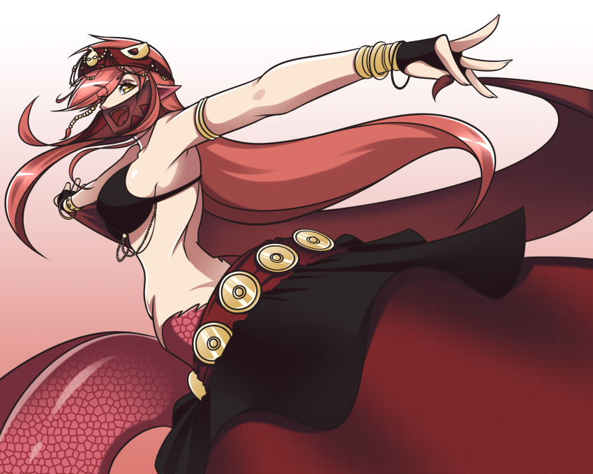 1girl, bangle, bracelet, breasts, dancing, fangs, fingerless_gloves, gloves