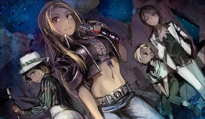 4girls, belt, character_request, cropped_jacket, guitar, hat, idolmaster, idolmaster_cinderella_girls