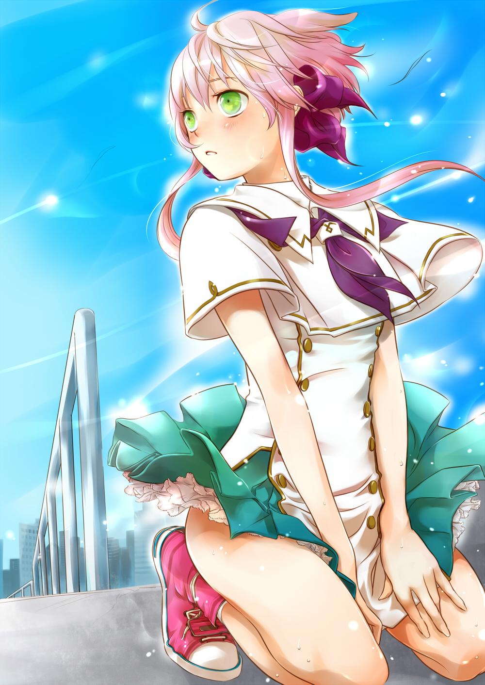 bow, fingernails, green_eyes, hair_bow, highres, kumako, kumano_yuzuko, legs, lingerie, miniskirt, nails, no_panties, petticoat, pink_hair, school_uniform, serafuku, shoes, skirt, sneakers, solo, sweat, thighs, underwear, wind_lift