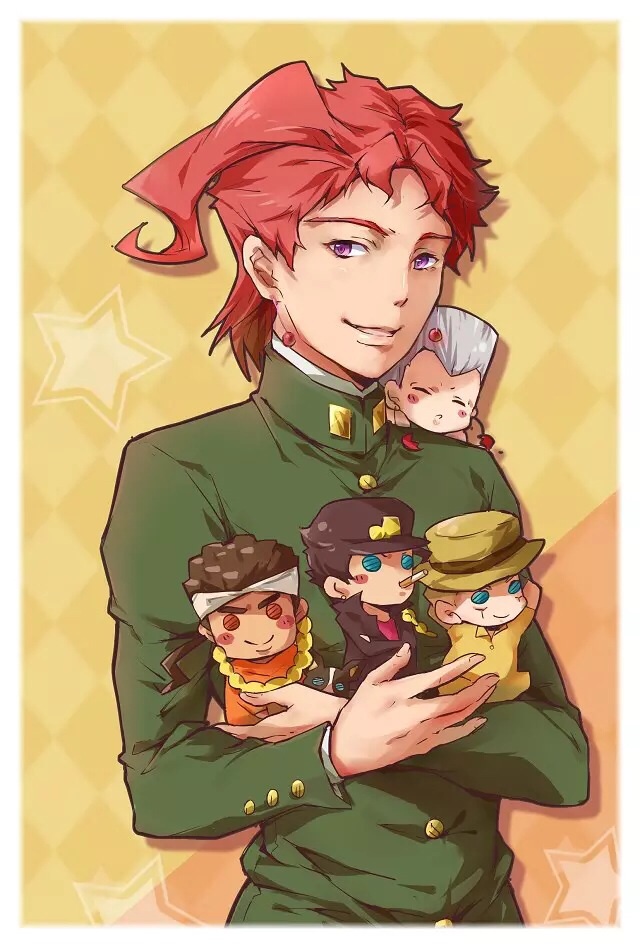 1boy, argyle, argyle_background, doll, earrings, gakuran, holding, iggy_(jojo), jean_pierre_polnareff, jewelry, jojo_no_kimyou_na_bouken, joseph_joestar, jpeg_artifacts, kakyouin_noriaki, kuujou_joutarou, male_focus, mohammed_avdol, redhead, school_uniform, solo, star, touming_renjian, upper_body, violet_eyes, white_border