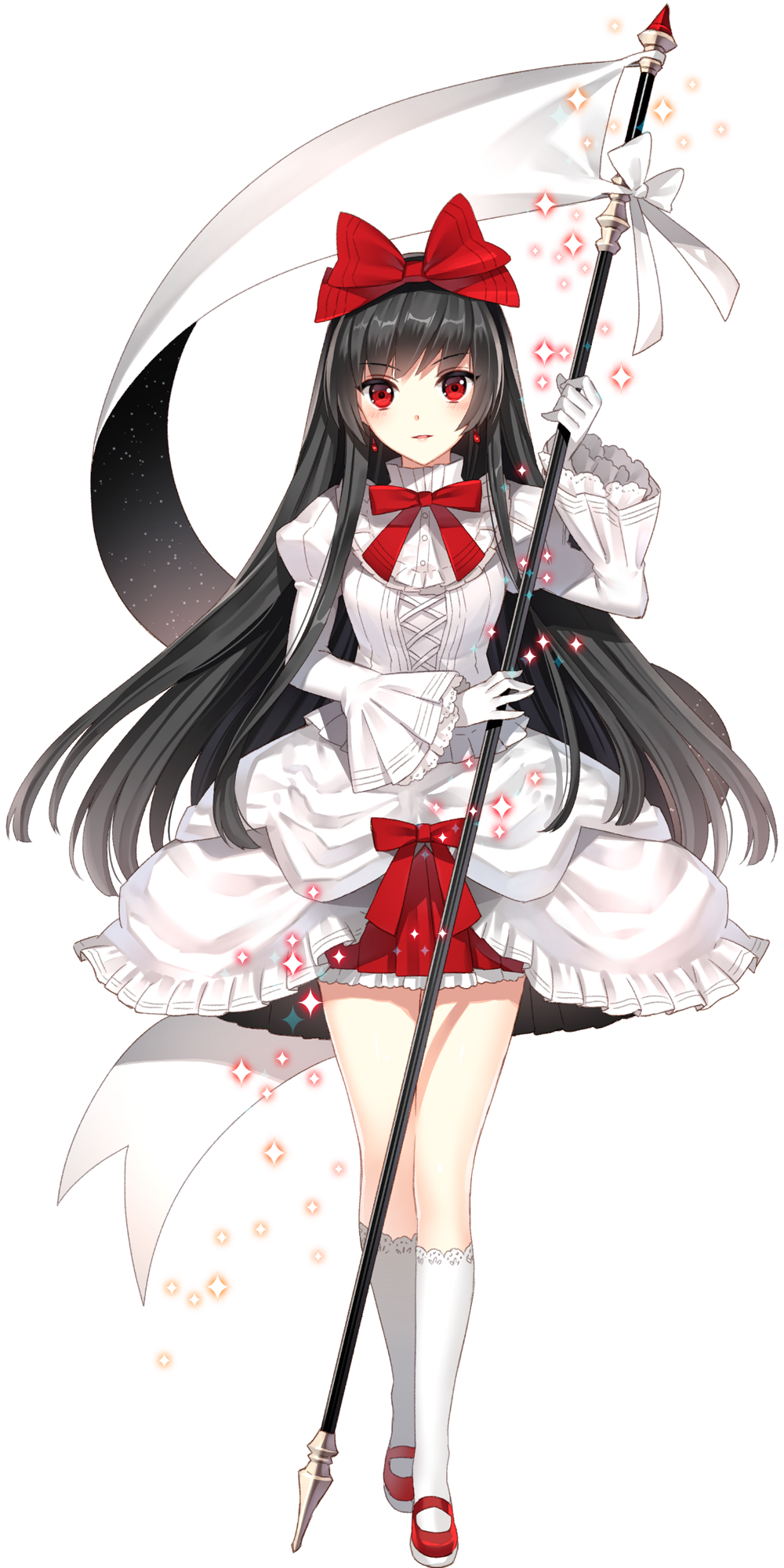black_hair, bow, character_request, earrings, flag, gloves, hair_bow, highres