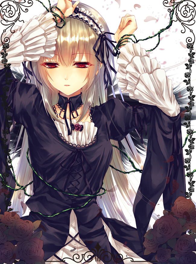 1girl, bangs, black_ribbon, border, choker, cross-laced_clothes, dress, flower, flower_border, frilled_sleeves, frills, hair_ribbon, hairband, half-closed_eyes, hands_up, lace-trimmed_dress, long_hair, parted_lips, petals, red_eyes, ribbon, rose, rozen_maiden, saijou_yukina, silver_hair, solo, suigintou, upper_body, vines, wings