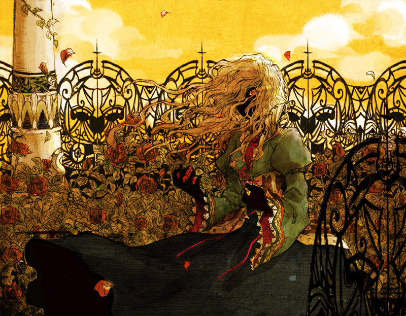 flower, hair_over_one_eye, original, petals, red_eyes, silhouette, white_hair, yoki_(artist)