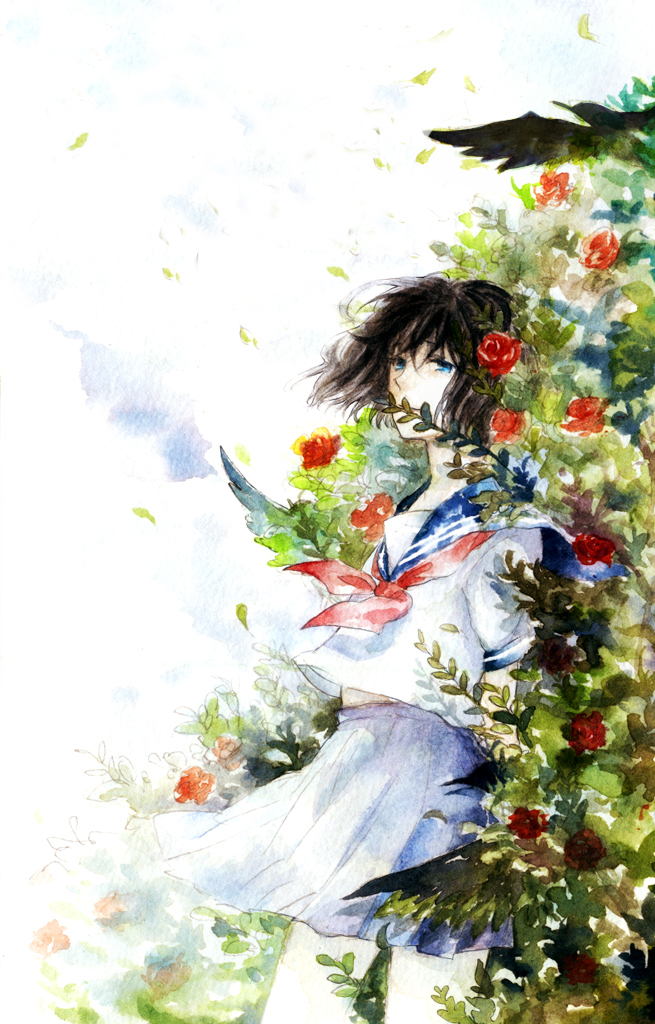 black_hair, blue_eyes, flower, leaf, leaves, original, school_uniform, serafuku