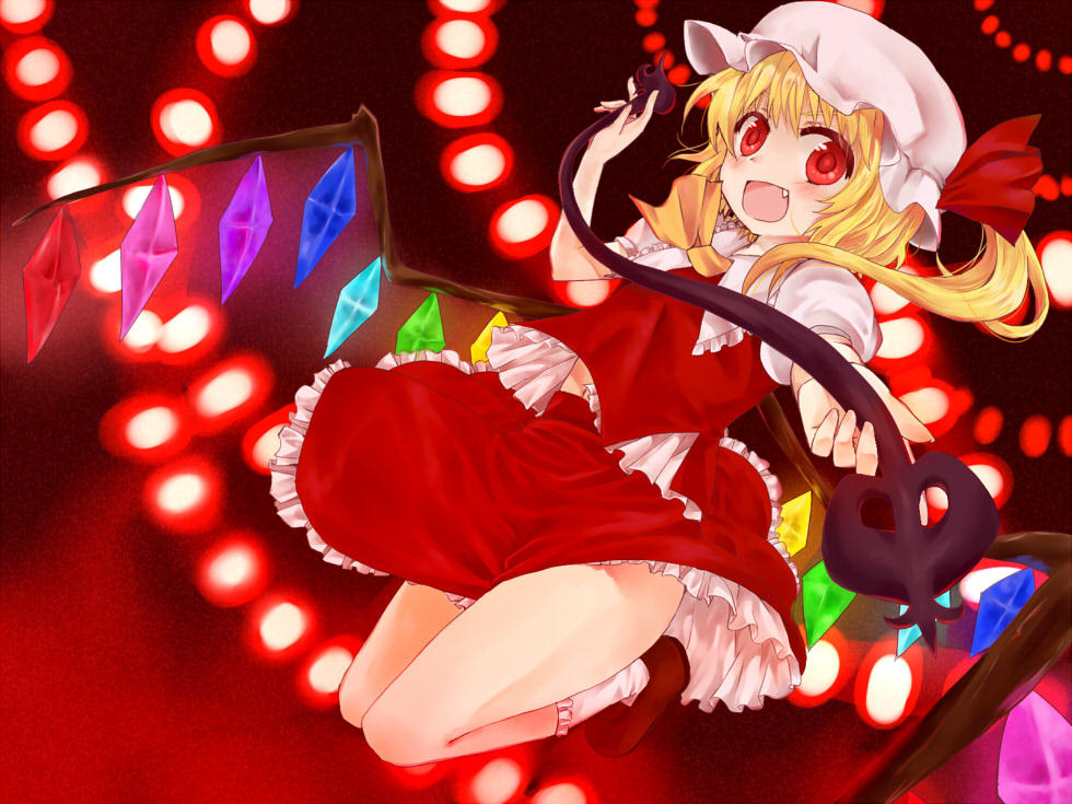 :d, blonde_hair, blue_hair, danmaku, fang, flandre_scarlet, hat, jumping