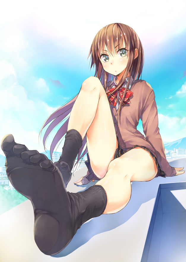 1girl, arm_support, bangs, black_legwear, blue_sky, blush, bowtie, brown_hair