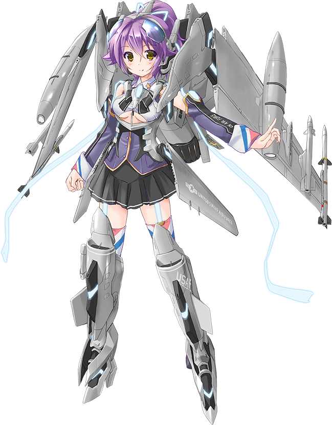 1girl, artist_request, breasts, f-16, f-16_fighting_falcon, fighter_girl_chronicle, looking_at_viewer, purple_hair