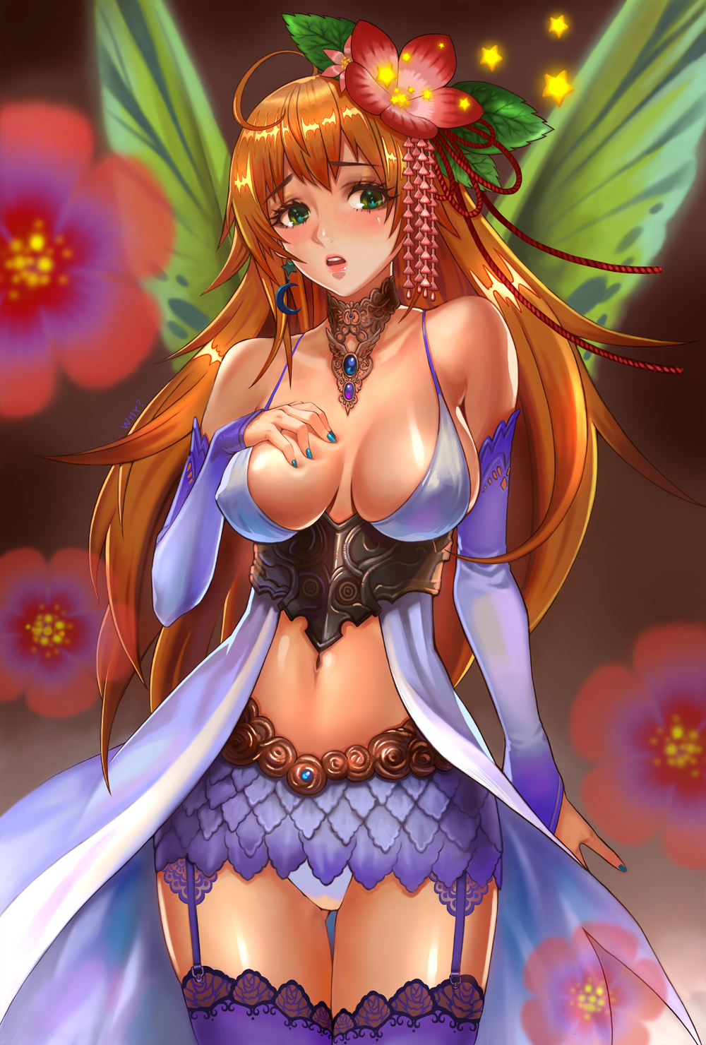 1girl, ahoge, blush, breasts, bridal_gauntlets, brown_hair, cleavage, earrings