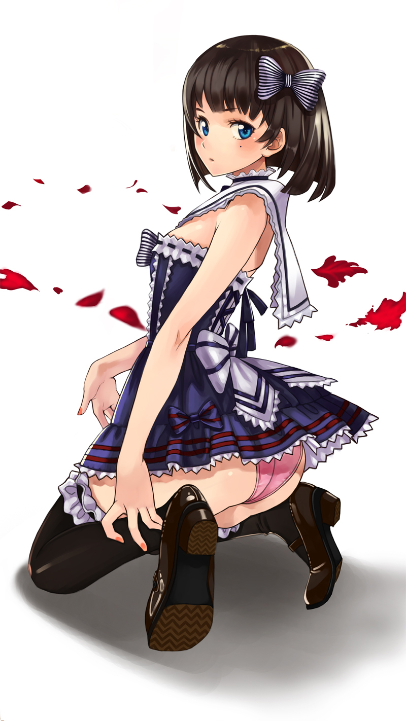 1girl, ass, black_hair, black_legwear, blue_eyes, blush, bow, hair_bow