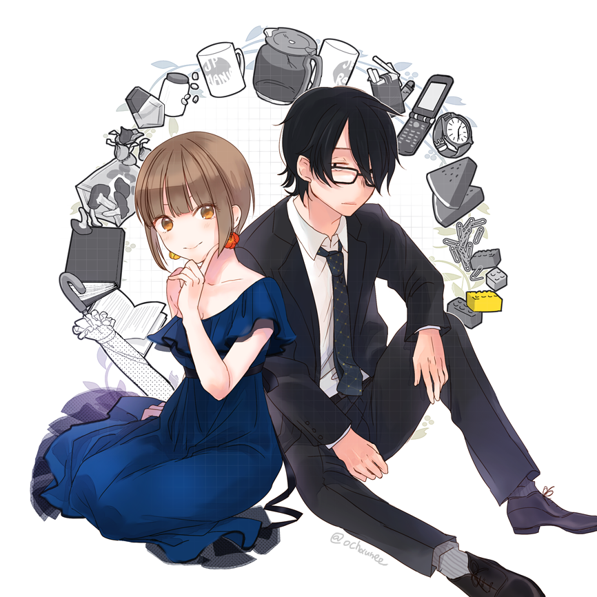 1boy, 1girl, amattle, black_hair, brown_hair, cellphone, cigarette, cup