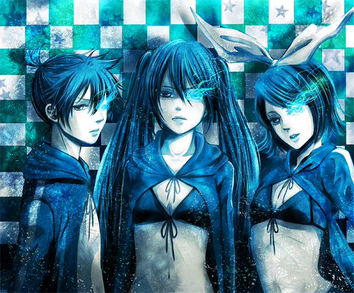 bikini_top, black_hair, black_rock_shooter, black_rock_shooter_(character), black_rock_shooter_(cosplay), blue_eyes, cosplay, flat_chest