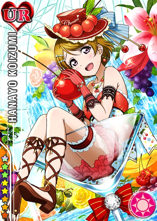 blush, brown_hair, cherry, dress, fruits, glass, happy, hat