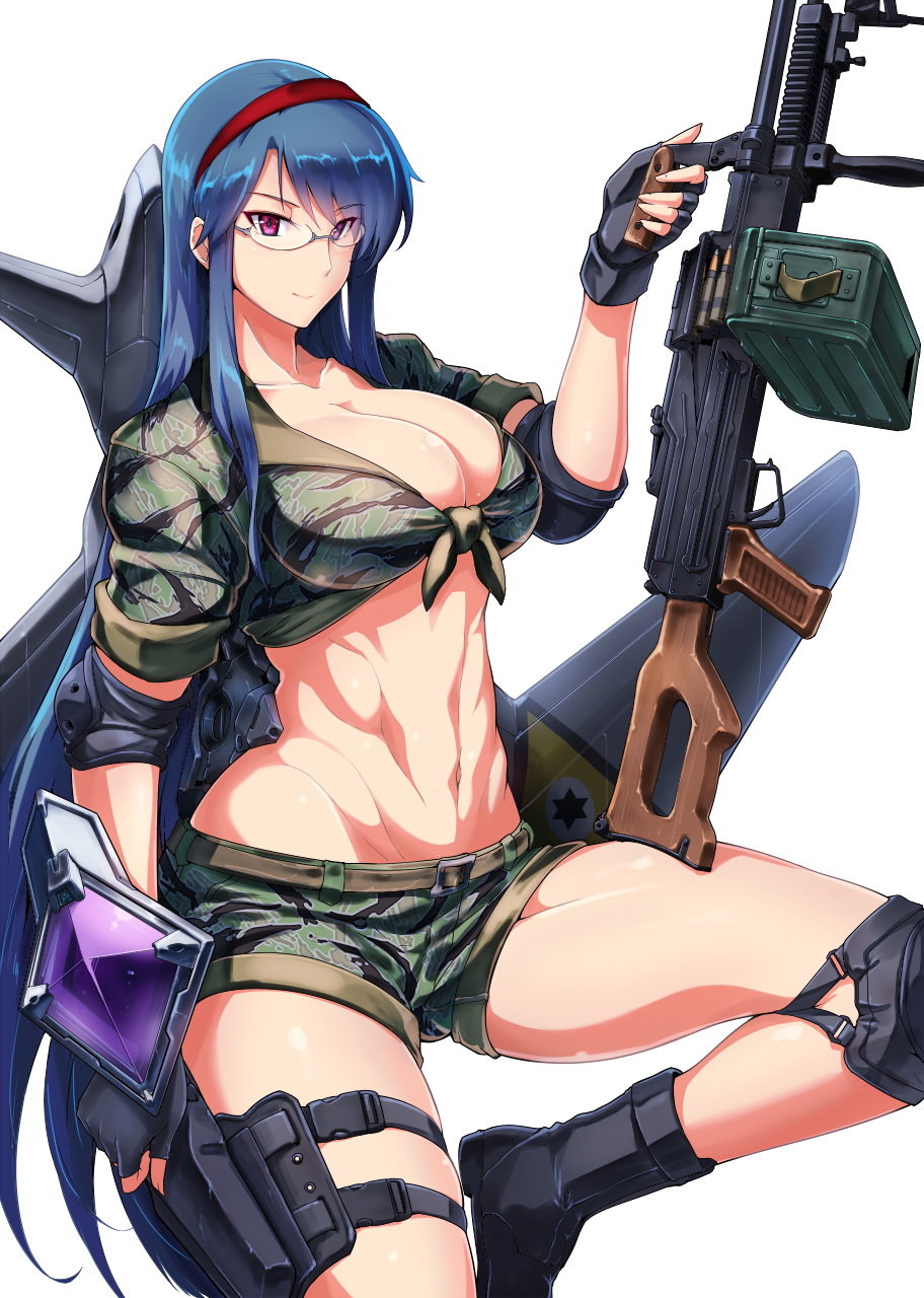 1girl, abs, blue_hair, boots, breasts, camouflage_shorts, cleavage, glasses