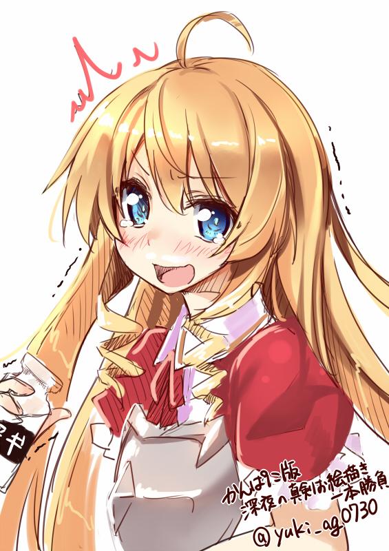 /\/\/\, ahoge, blonde_hair, blue_eyes, blush, bottle, breastplate, drill_hair