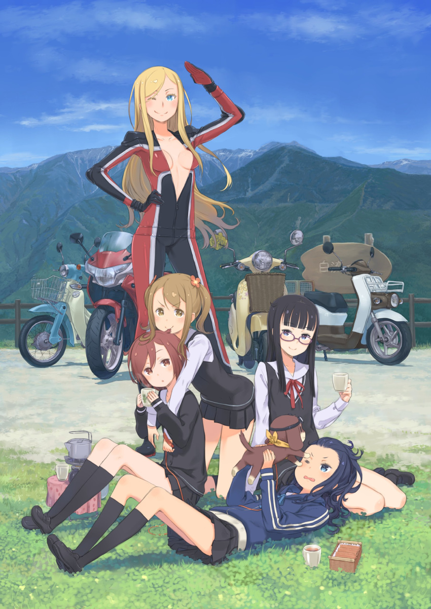 >:), 5girls, ;), absurdres, arm_up, bangs, bessho_anri, bicycle_basket, bikesuit, black_hair, black_legwear, black_shoes, black_skirt, blonde_hair, blue_eyes, blue_sky, blunt_bangs, blush, bodysuit, box, breasts, brown_hair, cardigan, coffee_cup, coffee_maker_(object), cup, cynthia_b_rogers, dirt_road, dog, full-length_zipper, glasses, goggles, goggles_on_head, grass, hand_on_hip, highres, holding, holding_animal, holding_cup, hug, hug_from_behind, jacket, kaburagi_sayo, kneehighs, kneeling, kuroboshi_kouhaku, loafers, long_hair, long_legs, long_sleeves, looking_at_viewer, lying, maezono_rie, miniskirt, motor_vehicle, motorcycle, mountain, multiple_girls, neck_ribbon, no_bra, official_art, on_back, on_ground, one_eye_closed, one_off, outdoors, parted_bangs, pleated_skirt, puppy, railing, red_eyes, ribbon, road, salute, school_uniform, scooter, shiozaki_haruno, shirt, shoes, sitting, skirt, sky, smile, standing, tall, track_jacket, twintails, vehicle, vest, white_shirt, wince, yokozuwari, zipper