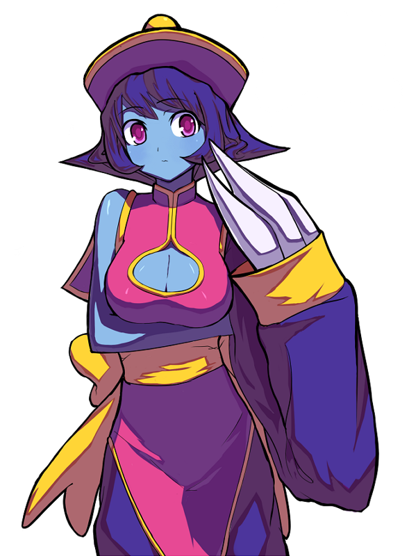 blue_skin, breast_hold, breasts, capcom, chinese_clothes, claws, cleavage_cutout, darkstalkers