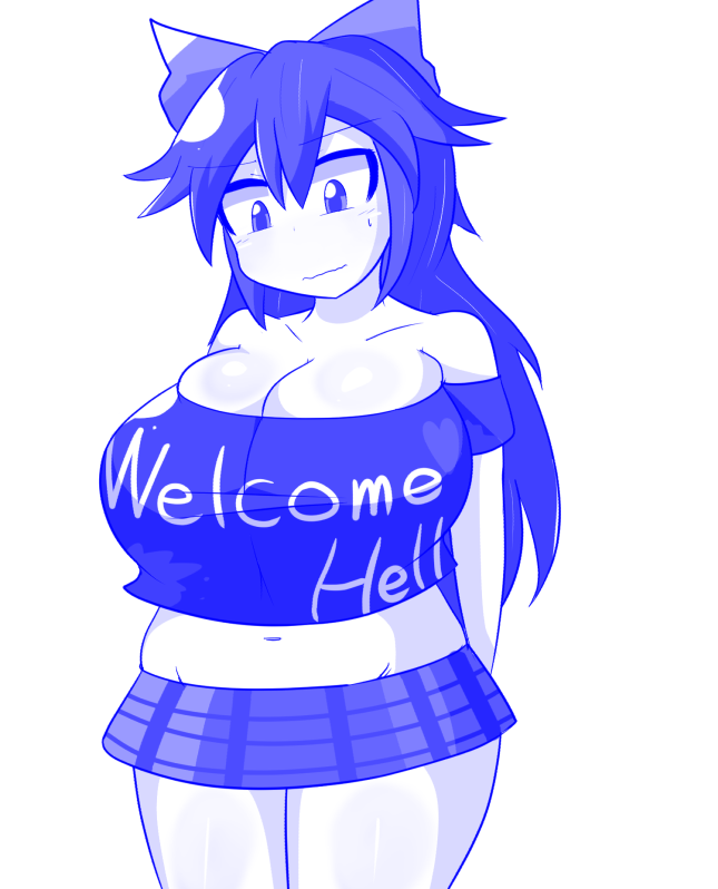 1girl, belly, bow, breasts, bursting_breasts, cleavage, clothes_writing, groin