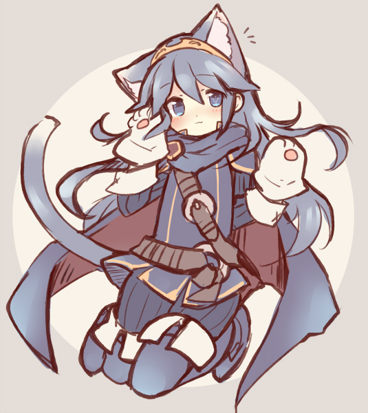 1girl, :3, animal_ears, blue_eyes, blue_hair, blush, cape, cat_ears, cat_paws, cat_tail, ebi_shamo, fire_emblem, fire_emblem:_kakusei, long_hair, lucina, paws, solo, tail, tiara