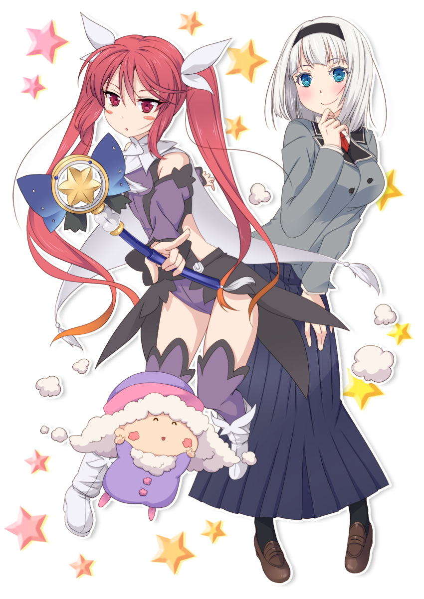 3girls, :o, anna_nishikinomiya, aqua_eyes, black_legwear, blush, blush_stickers, boots