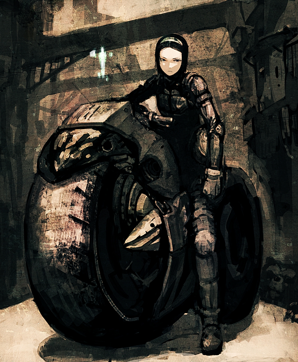 bicycle, biomega, black_hair, cyberpunk, highres, motor_vehicle, motorcycle, nishu_mizunoe